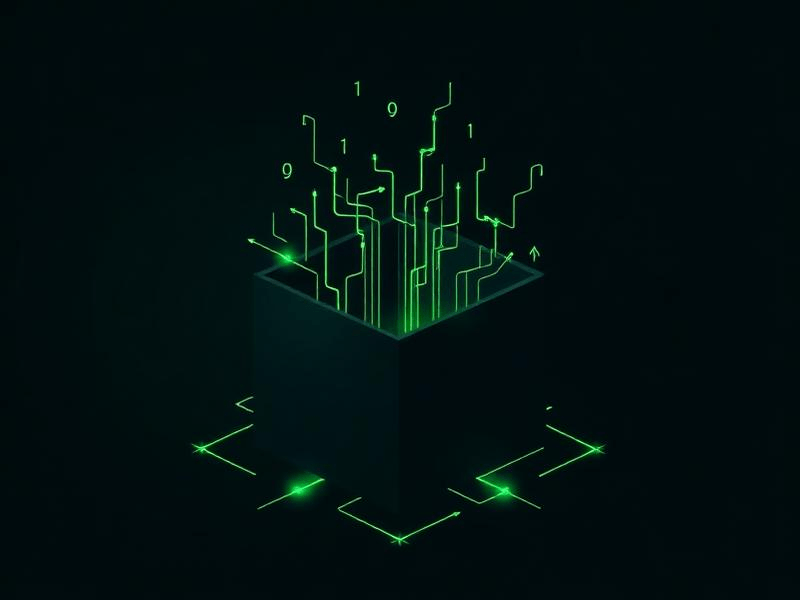 Ilustração conceitual de abrir a caixa-preta da tecnologia, mostrando estruturas de código e circuitos emergindo